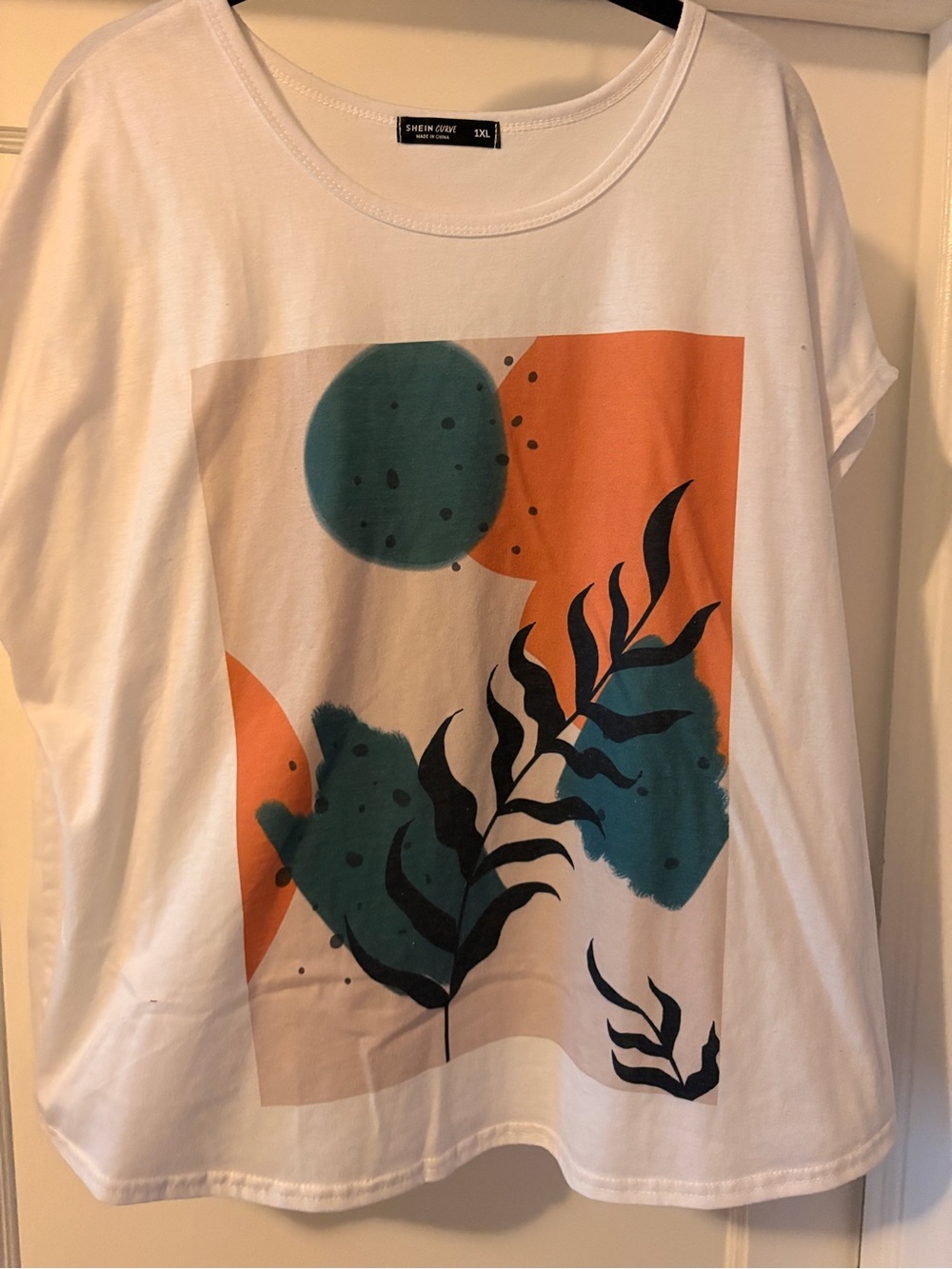SHEIN White Short Sleeve Tee with Teal & Orange Graphic